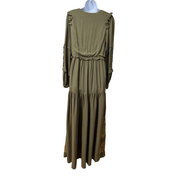Hale Bob Josephine Embroidered Tiered Maxi Long Dress Size L Olive Green Boho - Picture 2 of 12